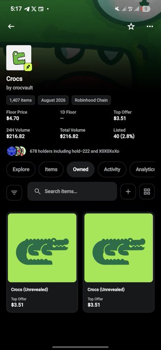A mobile app screen displaying an NFT collection called 'Crocs' by crocvault, showing '1,407 Items', a 'Floor Price' of '$4.70', and two unrevealed green Croc logos in the 'Owned' tab.
