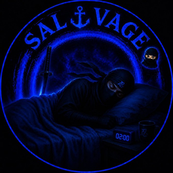 A circular blue neon-style logo reading 'SALVAGE' featuring a sleeping ninja, a katana sword, another ninja in the background, and a digital clock showing '02:00'.