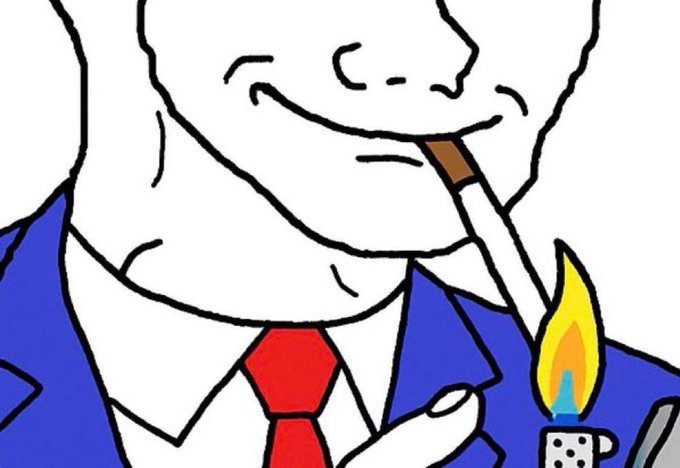 A cartoon illustration of a man in a blue suit with a red tie, smoking a cigar while lighting it with a lighter.