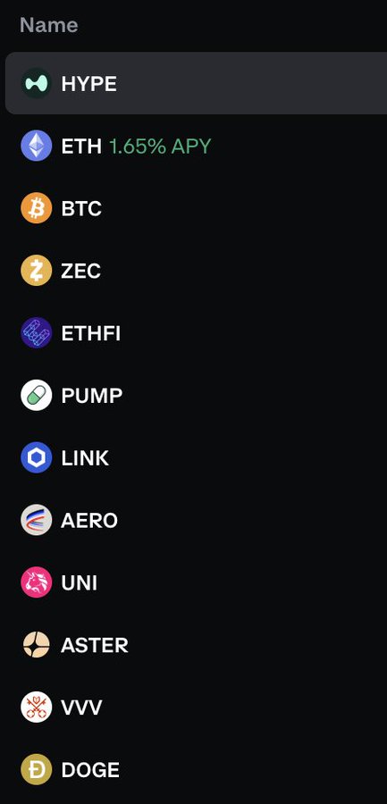 A mobile app interface displays a list of cryptocurrency tokens including HYPE, ETH (1.65% APY), BTC, ZEC, ETHFI, PUMP, LINK, AERO, UNI, ASTER, VVV, and DOGE.