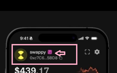 A close-up of a smartphone screen displaying a crypto portfolio showing a balance of $439.17, with a profile labeled 'swappy' (wallet address starting with 0xc7C6...5BDB8) highlighted by a pink box and arrow.