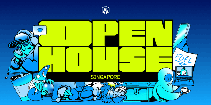 A vibrant neon-yellow and blue graphic banner for "OPEN HOUSE SINGAPORE" featuring cartoon characters, with "FUEL" visible on a laptop screen.