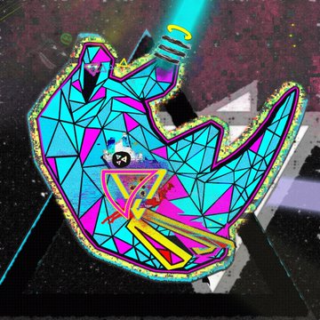 A neon-colored, low-poly graphic featuring geometric shapes in cyan, magenta, and yellow against a dark, textured background with abstract designs.