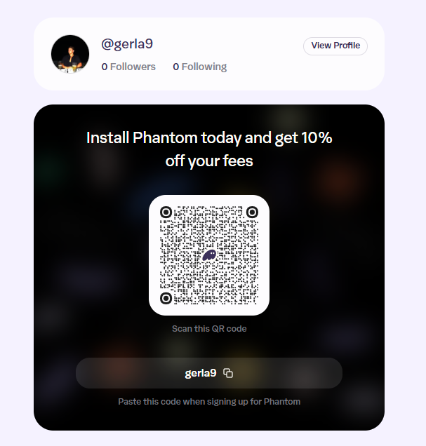 A Phantom referral profile page for user @gerla9, displaying a QR code, the promo text "Install Phantom today and get 10% off your fees," and the referral code "gerla9" to use when signing up, which ties directly to the post's announcement about making the Phantom profile public and sharing the referral code for a fee discount.