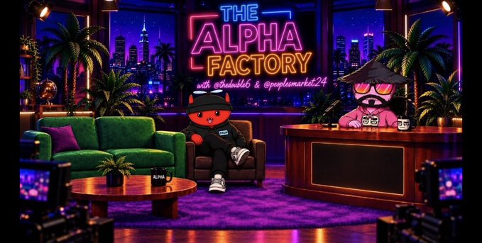 A stylized 3D-rendered talk show set titled "THE ALPHA FACTORY" features a neon sign over a city skyline backdrop. Two cartoon characters, a devil and a human with a beard, sit in the studio furnished with a green couch, purple rug, and palm plants.