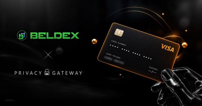 A promotional banner displays "BELDEX × PRIVACY GATEWAY" alongside an image of a black and gold VISA credit card held by a robotic hand.
