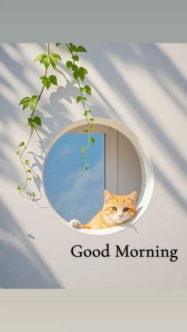 A ginger cat peeks through a circular window framed by hanging green vines against a wall cast with striped sunlight, with the text "Good Morning" displayed below, greeting viewers with a calm, fresh-start vibe that pairs naturally with the post's motivational message about seizing productive momentum in the markets.