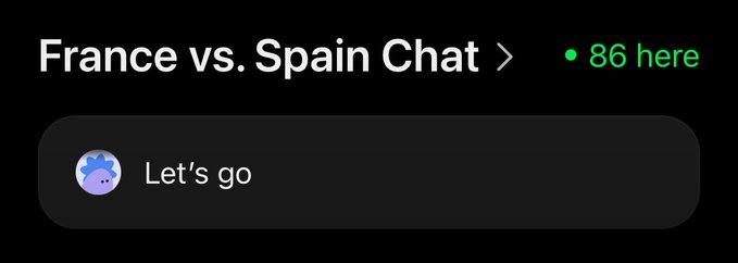 A screenshot of a "France vs. Spain Chat" with 86 users currently active, where one user has posted "Let's go." This captures the ongoing enthusiasm and real-time engagement happening in the Phantom predictions chat during the match.