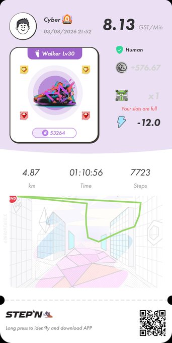 A STEP'N move-to-earn fitness app activity summary for user 'Cyber' showing earnings of 8.13 GST/Min with a 'Walker Lv30' sneaker NFT, covering 4.87 km in 1:10:56 with 7,723 steps.