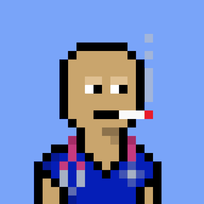 A low-resolution pixel art illustration depicts a bald man smoking a cigarette, wearing a red and blue garment against a solid blue background.