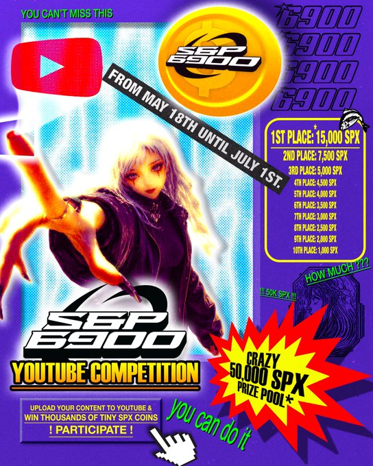 The image is a vibrant promotional poster for the "SPX 6900 YouTube Competition," featuring an anime-style character and a prize breakdown from 1st Place (15,000 SPX) down to 10th Place (1,000 SPX), along with a banner advertising a "CRAZY 50,000 SPX PRIZE POOL" running from May 18th until July 1st. It relates to the post by announcing the winners of this competition, which the creator expanded from the original 10 prize spots shown to 27 winners due to high participation.