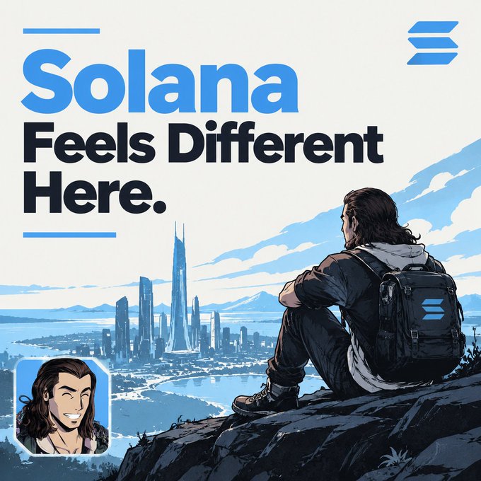 A promotional image for Solana featuring the text 'Solana Feels Different Here.' with an illustration of a person with a backpack sitting on a rocky outcrop overlooking a futuristic coastal city.