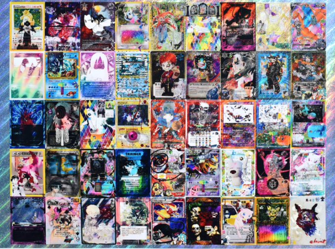 A vibrant collage of colorful trading cards or artwork arranged in a grid pattern, featuring various illustrations with text like 'TRAINER' and 'Father' visible on some cards.