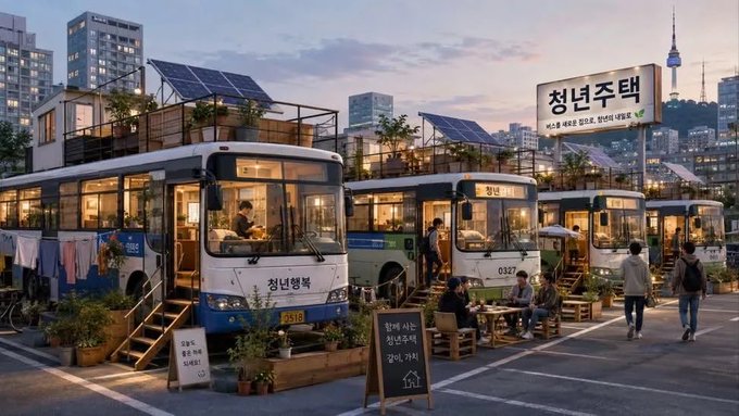 A "청년주택" (Youth Housing) sign towers over converted buses repurposed into makeshift apartments and shops, with solar panels and rooftop gardens, while "청년행복" (Youth Happiness) is visible on one bus. The image is meant to portray a dystopian vision of forced economic equality, depicting cramped, makeshift living conditions as the supposed outcome of Democratic Party policies.