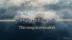 Smaller/cropped version of the Ethra Protocol promotional banner showing a container ship in fog with the text "The fog lifts tomorrow. The map is revealed."