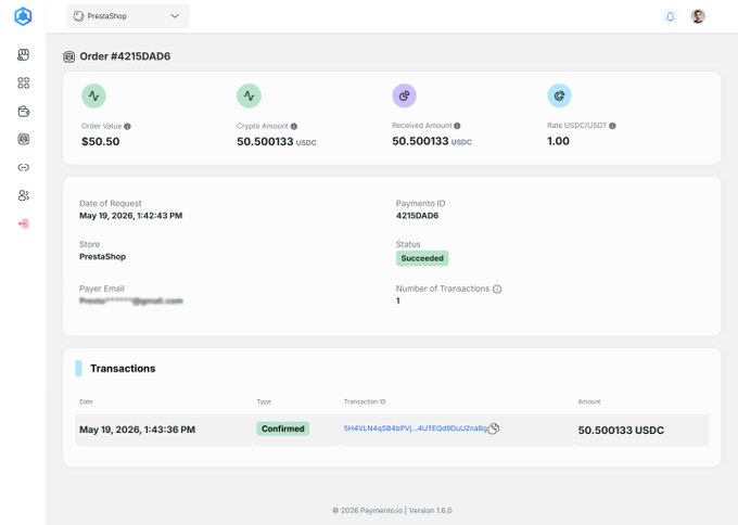 Paymentto dashboard showing order #4215DAD6 from PrestaShop with an order value of $50.50, a crypto amount of 50.500133 USDC, and a successful transaction confirmed on May 19, 2026.