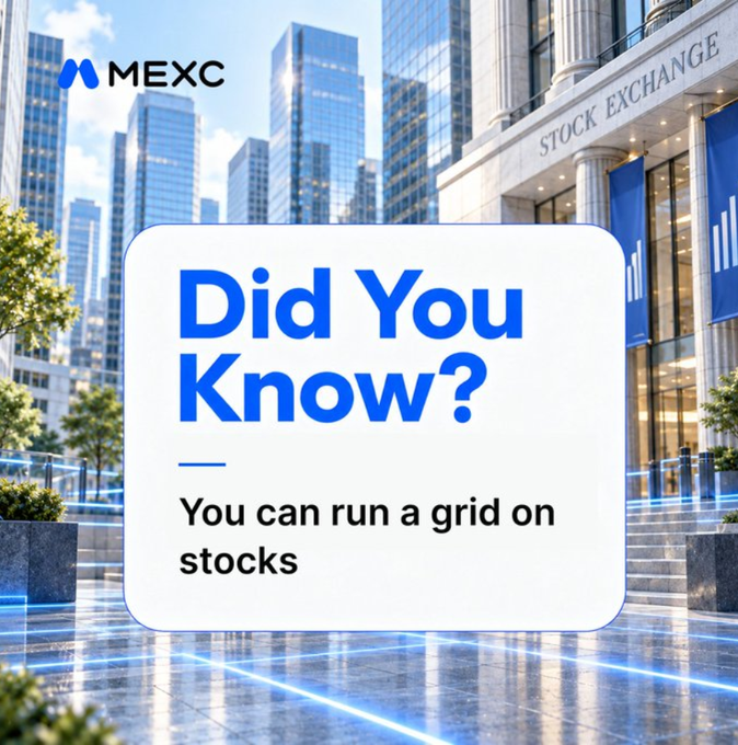 The image is a MEXC promotional graphic featuring a "Did You Know?" fact card that reads "You can run a grid on stocks," set against a modern city backdrop with a "STOCK EXCHANGE" building and the MEXC logo in the top corner.

The image directly supports the post's message about MEXC bridging crypto and traditional markets by highlighting the platform's ability to run grid trading strategies on stocks—illustrating the unified, one-platform convenience the caption describes.