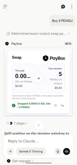 A mobile app interface showing a Paybox swap of 0.000413 SOL to receive 5 PENGU tokens on the Solana network.