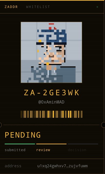 A ZADDR whitelist application page showing a pixel art character with the address code ZA-2GE3WK, currently in 'review' status.