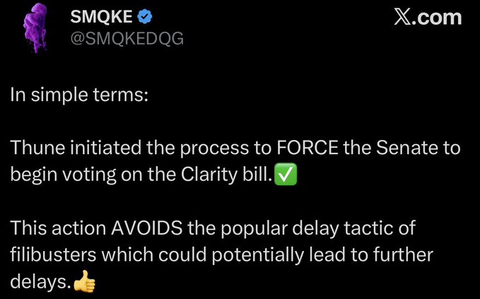 A tweet by SMQKEDQG explains that Thune initiated a process to force the Senate to vote on the Clarity bill, avoiding filibuster delays.