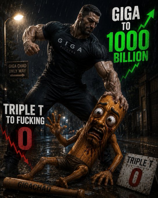A dramatic meme image shows a muscular man in a 'GIGA FITNESS' shirt standing dominantly over a defeated wooden character labeled 'TRIPLE T', with text 'GIGA TO 1000 BILLION' and 'TRIPLE T TO FUCKING 0' alongside a 'GIGACHAD' bat.