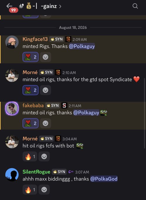 A dark-themed chat channel titled "#🪙 -| -gainz >" showing user messages from August 18, 2026, where users like Kingface13, Mornè, fakebaba, and SilentRogue mention minting oil rigs and thanking @Polkaguy and @PolkaGod.