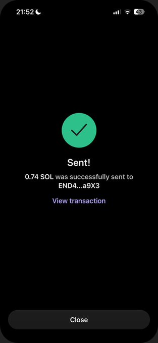 A mobile screenshot displays a transaction confirmation with a green checkmark, showing that 0.74 SOL was successfully sent to the wallet address ending in "END4...a9X3," with a "View transaction" link and a "Close" button at the bottom, verifying the $50 SOL giveaway mentioned in the post.
