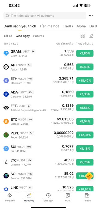 A smartphone screenshot showing a list of cryptocurrency prices on what appears to be Binance, with various tokens like GRAM, APT, ETH, ADA, FET, BTC, PEPE, SUI, LTC, SOL, and LINK.