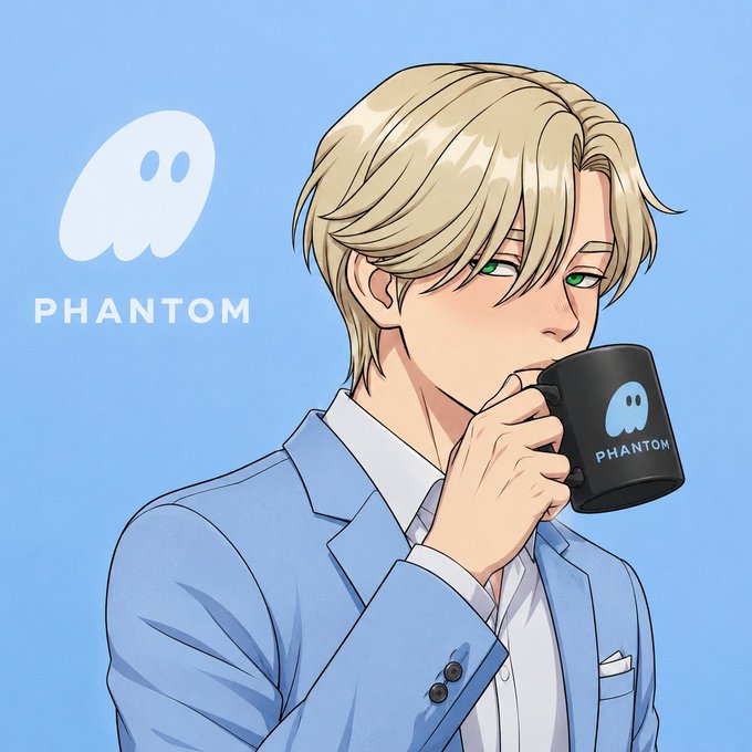 An anime-style illustration shows a blonde, green-eyed man in a light blue suit sipping from a black "PHANTOM" branded mug, with the Phantom ghost logo displayed beside him. The branded merchandise imagery aligns well with a cheerful "GM CT" morning greeting, promoting the Phantom brand alongside the community's positive daily motivation.