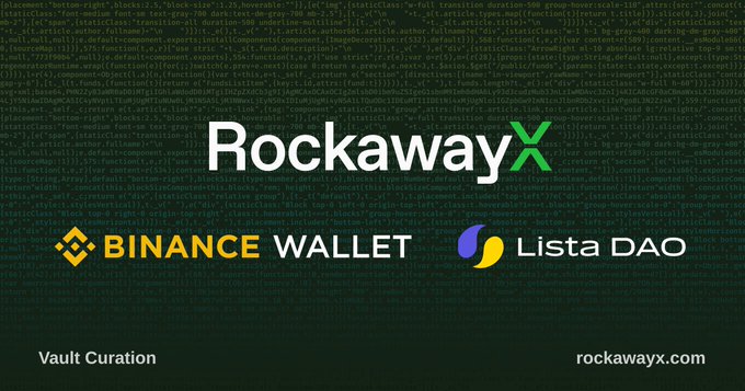 A promotional graphic with a black background featuring green code displays the "RockawayX" logo prominently in the center, alongside the "BINANCE WALLET" and "Lista DAO" logos, advertising PT (Principal Token) yield integration available via Binance Wallet Earn at rockawayx.com.