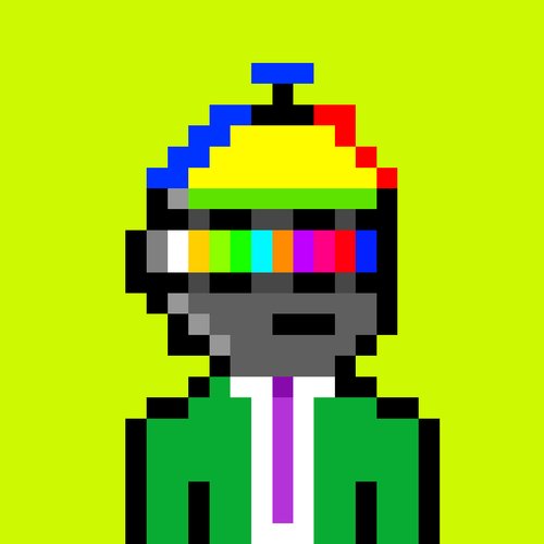 Pixel art illustration of a character wearing a multicolored yellow, blue, and red hard hat with rainbow-colored goggles, dressed in a green suit and purple tie against a bright green background.
