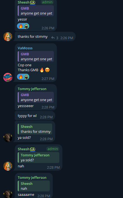 A Discord chat screenshot showing users (Sheesh, VaMoss, Tommy Jefferson) asking 'GMB anyone get one yet' and answering 'Cop one Thanks GMB', with thanks for 'stimmy' also mentioned.