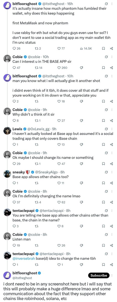A screenshot of a Twitter/X thread where user @cobie (Jesse Pollak, involved with Base) discusses renaming the 'Base App' after users point out confusion about it supporting other chains like Solana and Robinhood.