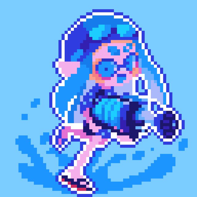 A pixel art sprite of a hooded figure in blue and pink tones wielding a glowing weapon, embodying the stealthy, tech-infused aesthetic of "H3 Railgun."