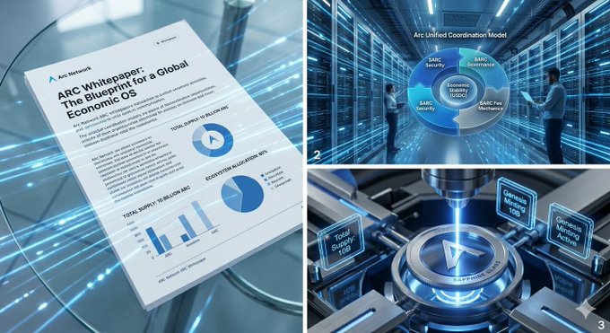 This image is a collage that consists of three photos related to a white paper titled "The Blueprint for a Global Economic OS". The first photo shows a chart from the white paper, which displays various economic graphs. The second photo features two people standing next to each other in front of an abstract machine, and they appear to be observing the machine closely. Finally, there is a computer image with an abstract design, also located on top of the white paper.