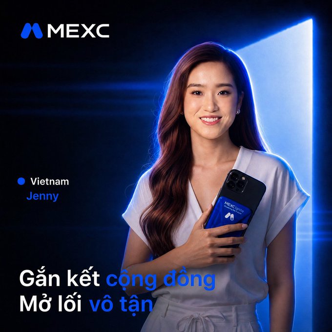 A promotional image for MEXC featuring a smiling young Vietnamese woman named Jenny holding a smartphone displaying the MEXC logo, set against a dark blue background with the text "Gắn kết cộng đồng, Mở lối vô tận" (Closer to Community, Closer to Infinity) reinforcing the post's message of community connection and endless opportunities through the MEXC platform.