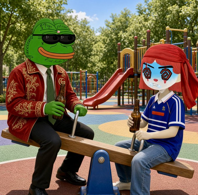 A surreal digital artwork showing a Pepe the Frog character with tattoos wearing a red Gucci jacket sitting on a seesaw with a crying blue anime-style girl in a soccer jersey, both holding beer bottles at a playground.