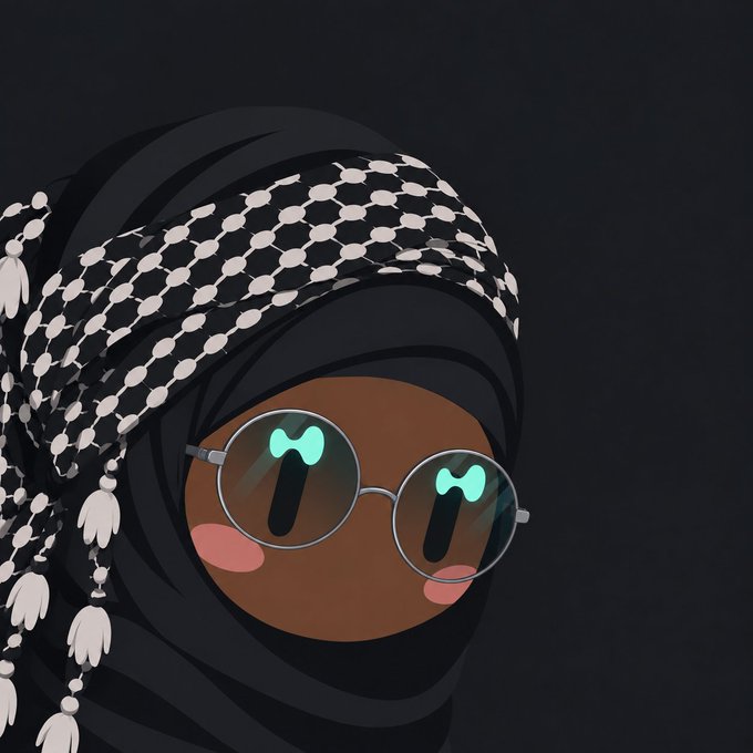 A digital illustration of a character wearing a black hijab with a black-and-white checkered keffiyeh and round glasses with green glowing reflections.