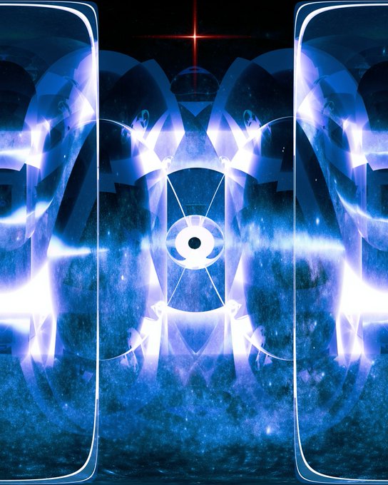 A symmetrical, abstract cosmic design in shades of blue and purple features a central eye-like structure and wing-like forms, framed by two smartphone screens.