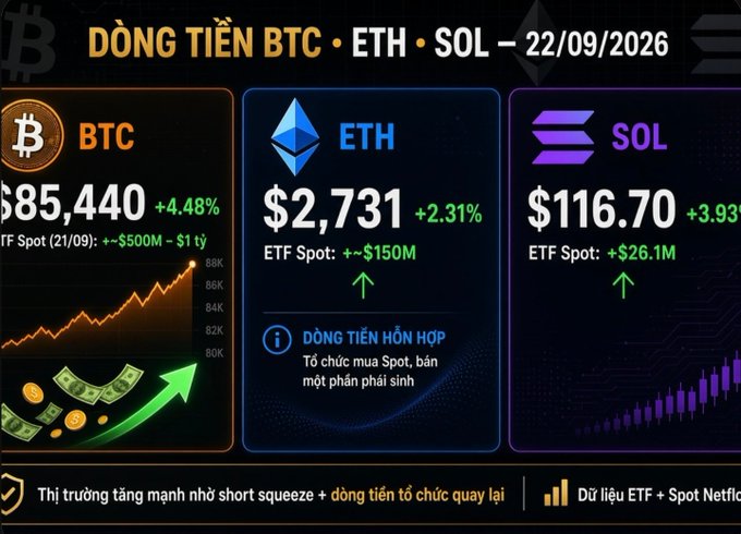 A Vietnamese crypto market infographic dated 22/09/2026 showing BTC at $85,440 (+4.48%), ETH at $2,731 (+2.31%) with +$150M ETF Spot inflow, and SOL at $116.70 (+3.93%) with +$26.1M ETF Spot inflow, noting strong short squeeze and institutional buying.