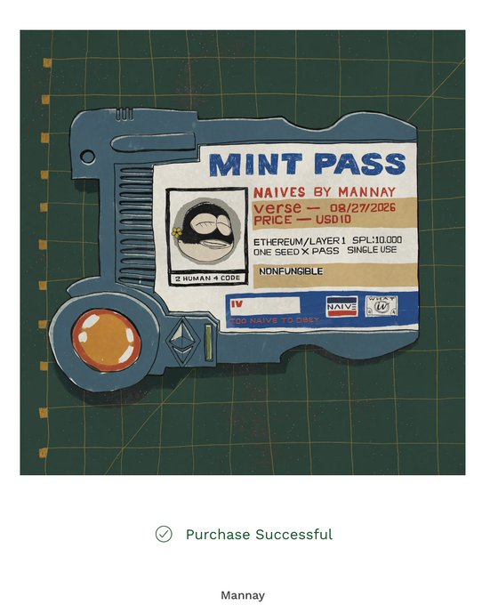 A digital artwork titled 'MINT PASS' by Mannay for 'NAIVES BY MANNAY', Verse, dated 09/27/2020, with 'Purchase Successful' and 'Mannay' text below on a green grid background.