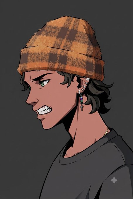 A digital anime-style illustration of a young man in profile wearing a brown and tan checkered beanie, baring his teeth, with cross earrings visible.