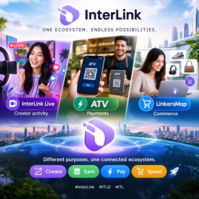 A promotional graphic for 'InterLink' featuring the tagline 'ONE ECOSYSTEM. ENDLESS POSSIBILITIES' showcases three features: InterLink Live for creator activity, ATV for payments, and LinkersMap for commerce.
