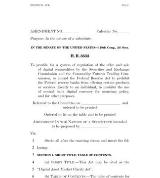 A U.S. Senate legislative document for H.R.3633 regarding digital commodities, SEC and CFTC regulation, and the Federal Reserve, with visible text including 'AMENDMENT NO.', 'IN THE SENATE OF THE UNITED STATES—118th Cong., 2d Sess.', and 'SECTION 1. SHORT TITLE; TABLE OF CONTENTS'.
