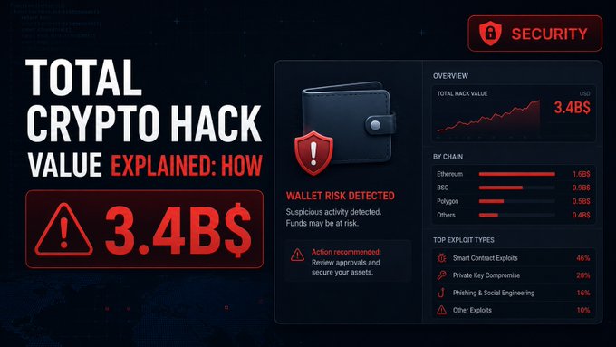 A security dashboard graphic titled 'TOTAL CRYPTO HACK VALUE EXPLAINED: HOW' showing 3.4B$ in total hack value, with breakdowns by chain (Ethereum 1.0B$, BSC 0.96$, Polygon 0.58$, Others 0.48$) and top exploit types (Smart Contract Exploits 46%, Private Key Compromise 28%, Phishing & Social Engineering 16%, Other Exploits 10%).
