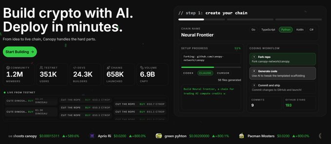 A dark-themed website for 'Canopy' with the tagline 'Build crypto with AI. Deploy in minutes' showing stats like 1.2M members and 658K chains, along with a live testnet feed and a code setup interface for 'Neural Frontier'.