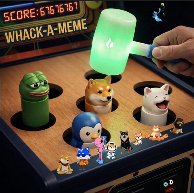 A Whack-A-Mole style arcade game featuring iconic crypto/meme figures—Pepe, Shiba Inu, Popcat, Piwakawaka—pops up from holes beneath a hammer wielded by a hand, with a scoreboard reading "SCORE:67676767" and a small ghost holding a green flag above. The playful image riffs on the "pick ONE it pumps next" post by presenting multiple viral meme tokens (PEPE, SHIB, POPCAT, PI) as game pieces, inviting viewers to choose which meme coin will be the next 100x winner.