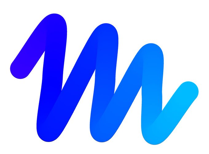 A bold, gradient blue squiggly line resembling the Meta/Muse logo, visually representing the Chromie Squiggle artwork that the post compares to Meta's new logo. The image illustrates the smooth, wave-like form of a generated squiggle token used to mimic the Muse branding.
