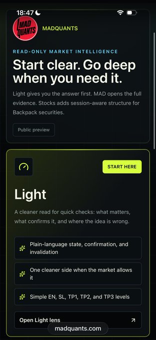 A mobile screenshot of the MADQUANTS website featuring the "Light" lens product card with its "START HERE" call-to-action, highlighting features like plain-language state/confirmation/invalidation and simple EN, SL, TP1, TP2, and TP3 levels. The image aligns with the post by showcasing the read-only market intelligence tool's new "Light" lens option, one of the three refined lenses (Light, MAD & Stocks) introduced in Market Lens V4.5.