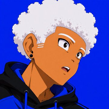An anime-style illustration of a young character with curly white/grey hair, tan skin, and an earring, wearing a dark hoodie against a bright blue background.